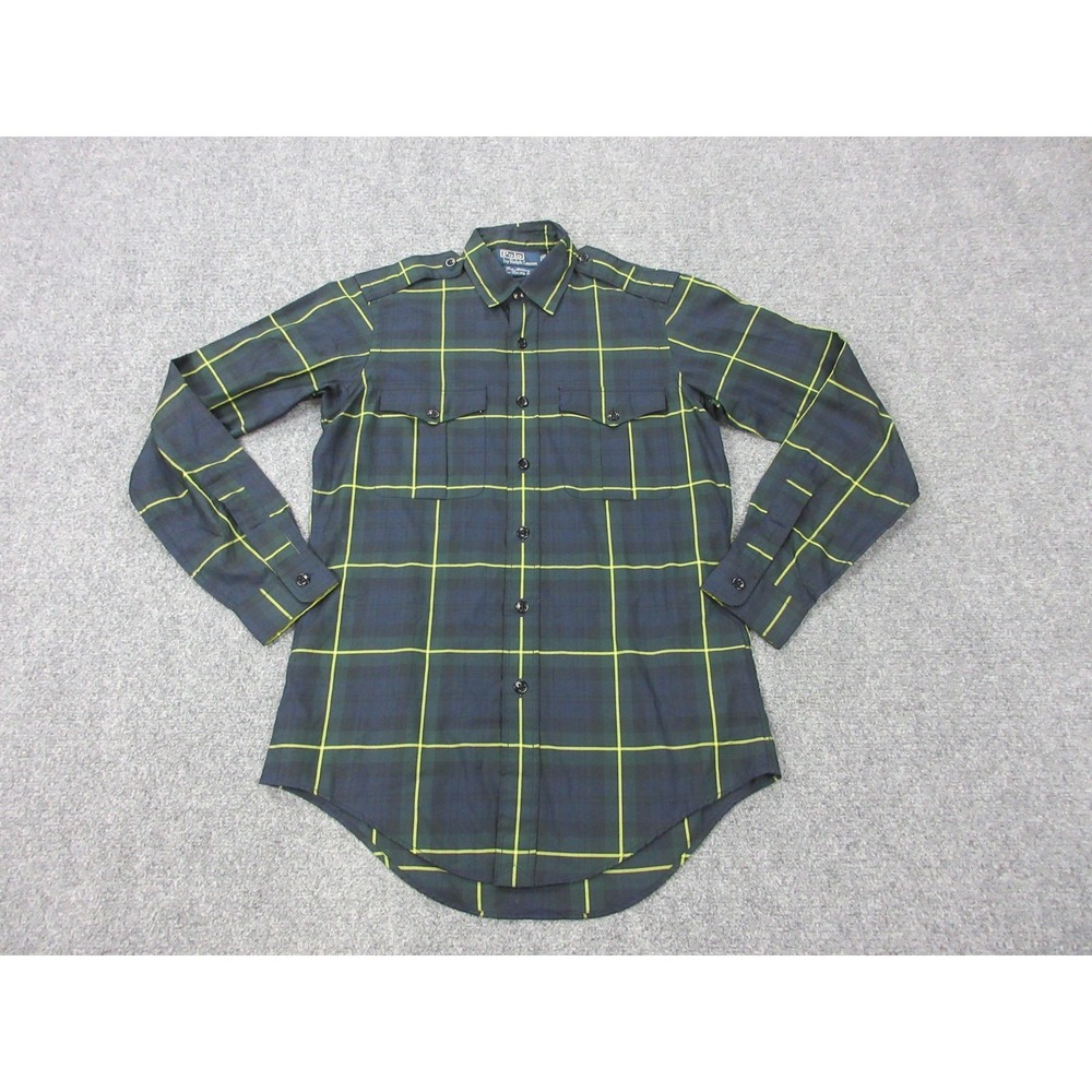 VTG Polo Ralph Lauren Shirt Mens S Green Plaid Trim Military Button Front Slim